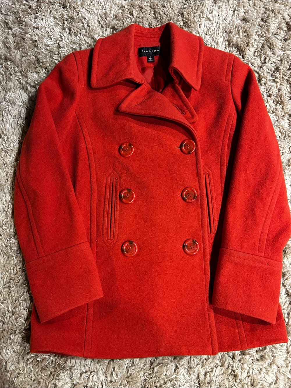 Vintage Braetan Deep Orange Double-Breasted Wool Peacoat